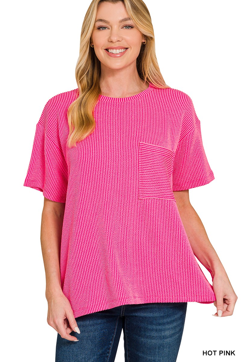 Hot Pink Raised Rib Short Sleeve Front Pocket Top