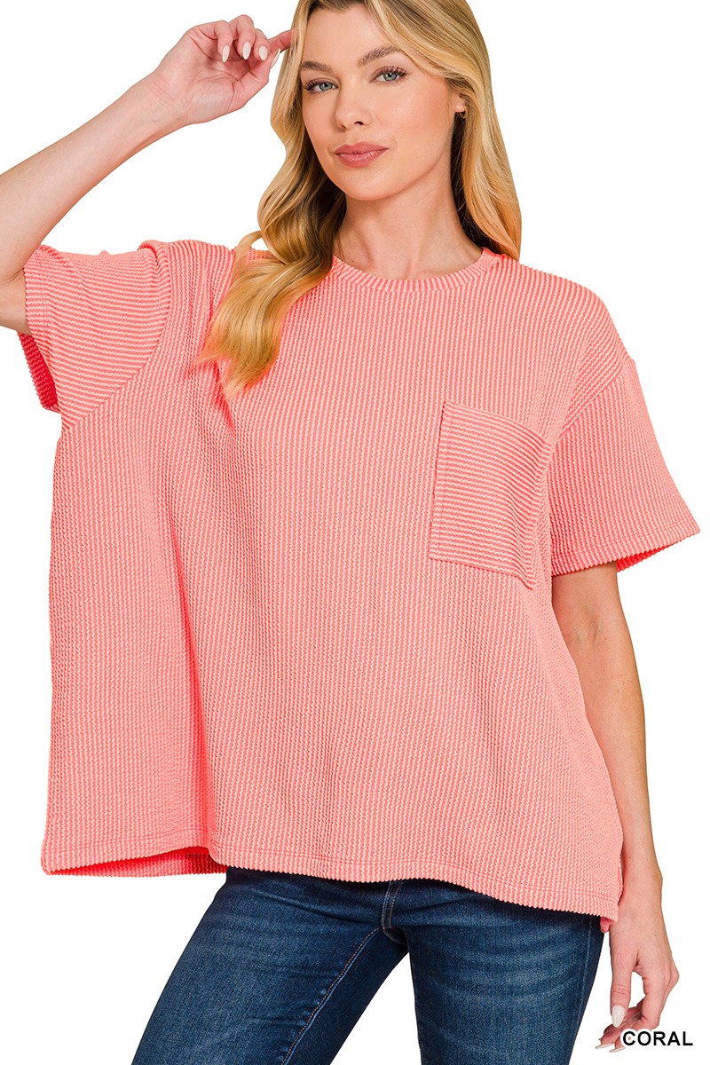 Coral Raised Rib Short Sleeve Front Pocket Top
