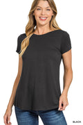 Black Flowy Round Hem Rayon Short Sleeve Top