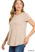 Ash Mocha Flowy Round Hem Rayon Short Sleeve Top