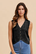 Black Crochet Trimmed Button Down Sweater Vest