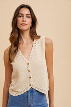 Load image into Gallery viewer, Crochet Trimmed Button Down  Vest IN OATMEAL
