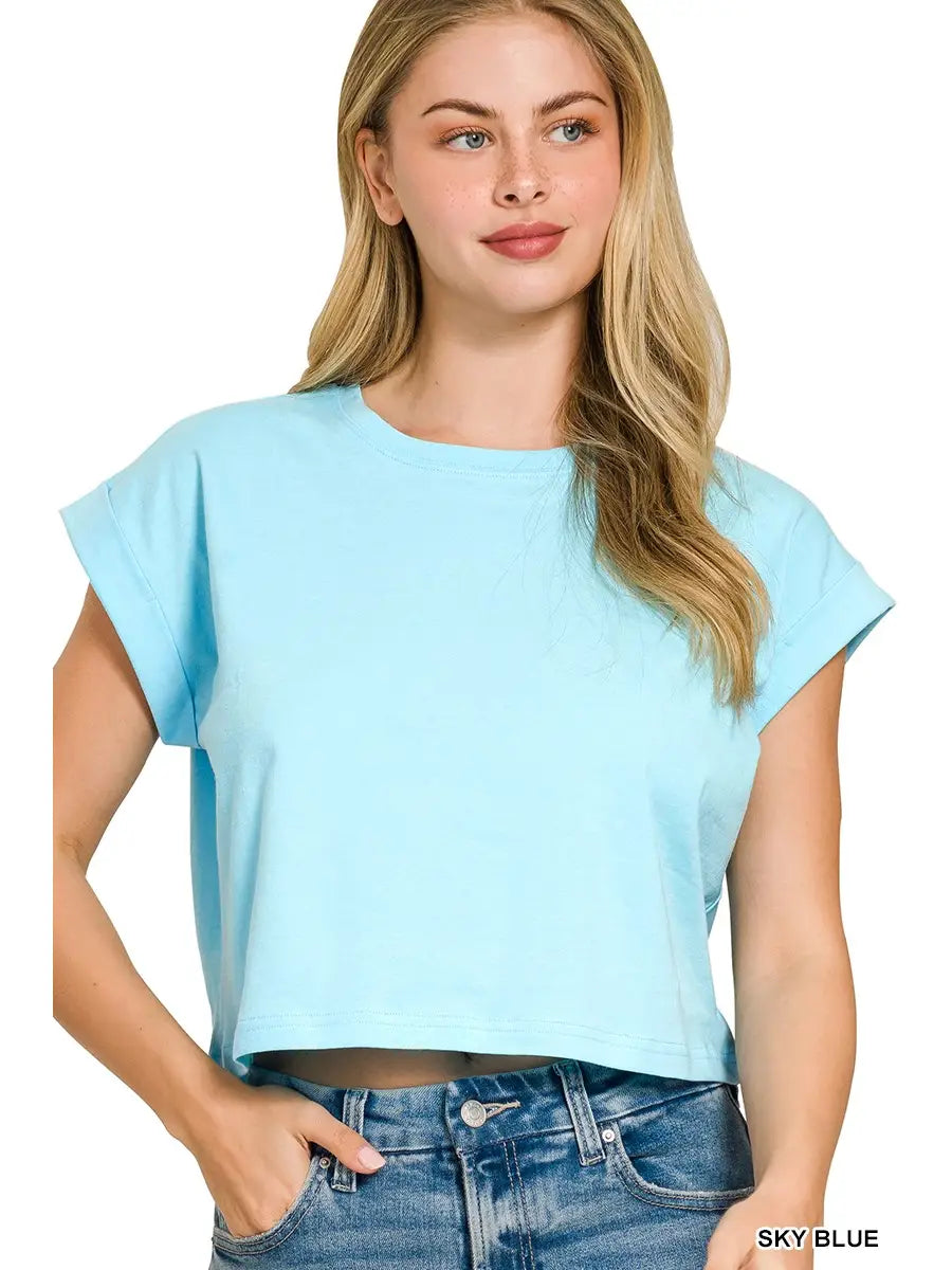 Sky Blue Cotton Folded Sleeve Top