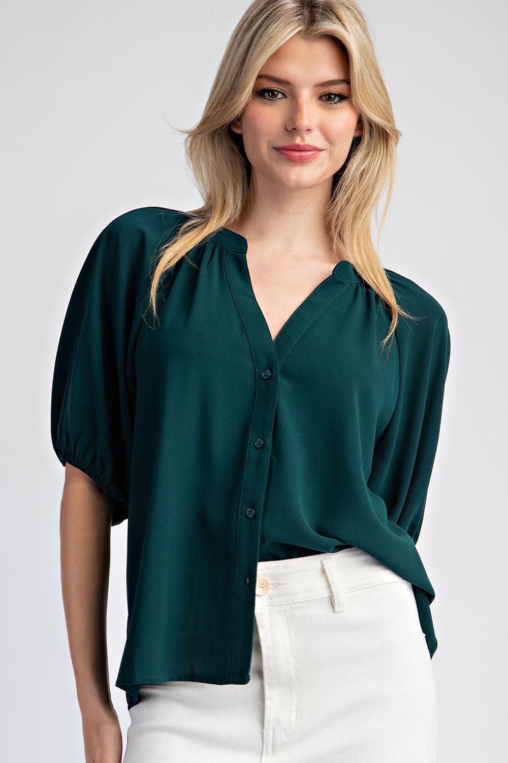Solid Half Sleeve Button Down Blouse Top