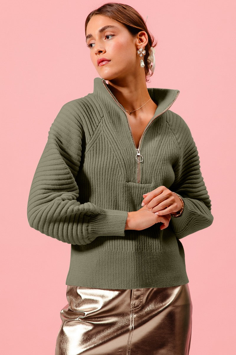 Half Zip Ribbed Sweater in Olive