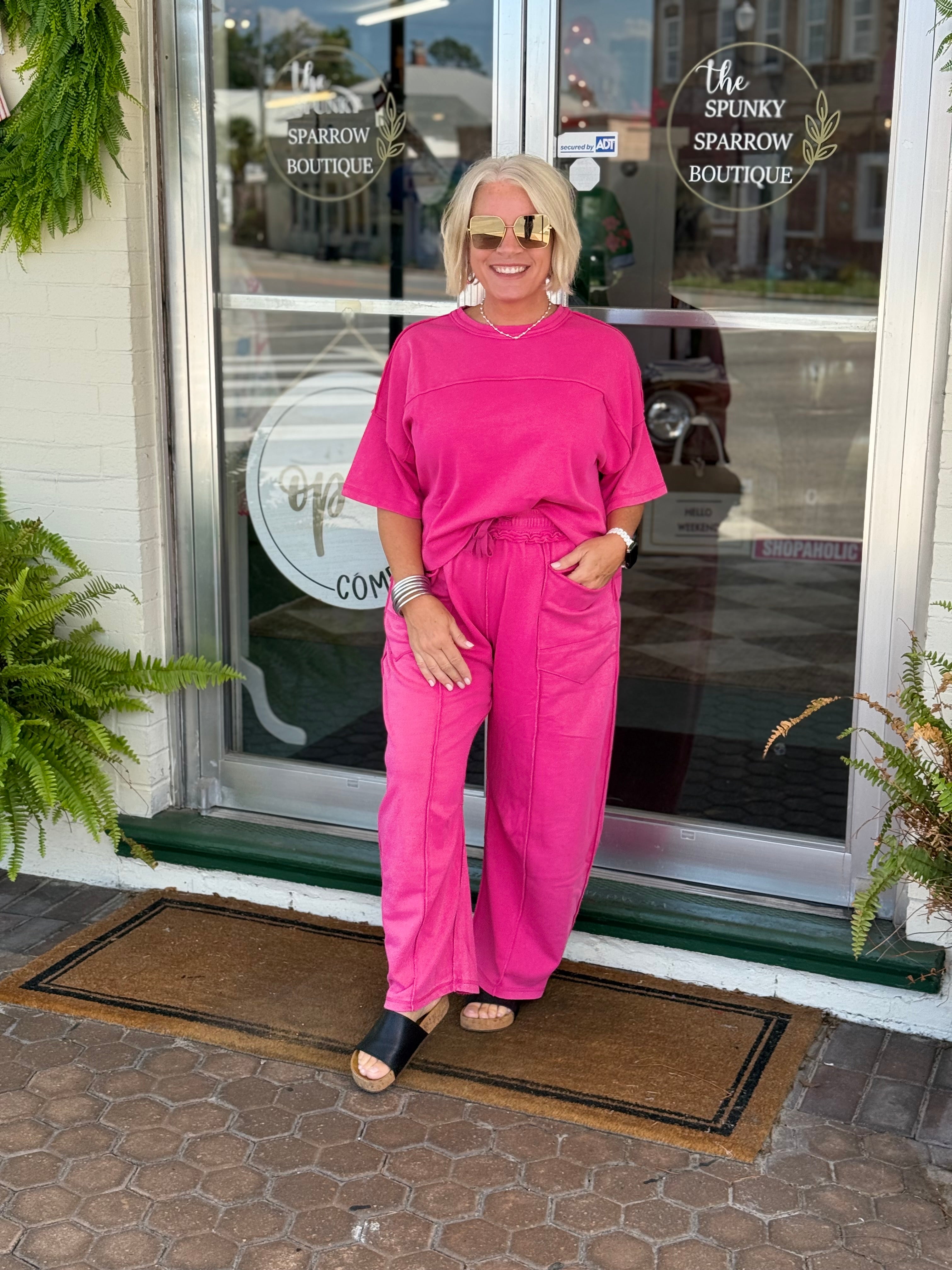 Magenta Mineral Washed Top Elasic Waist Barrel Pants Set