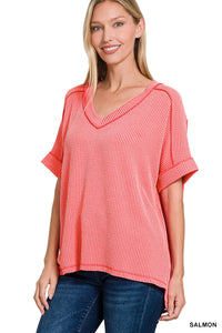 RIBBED V NECK HI LOW TOP