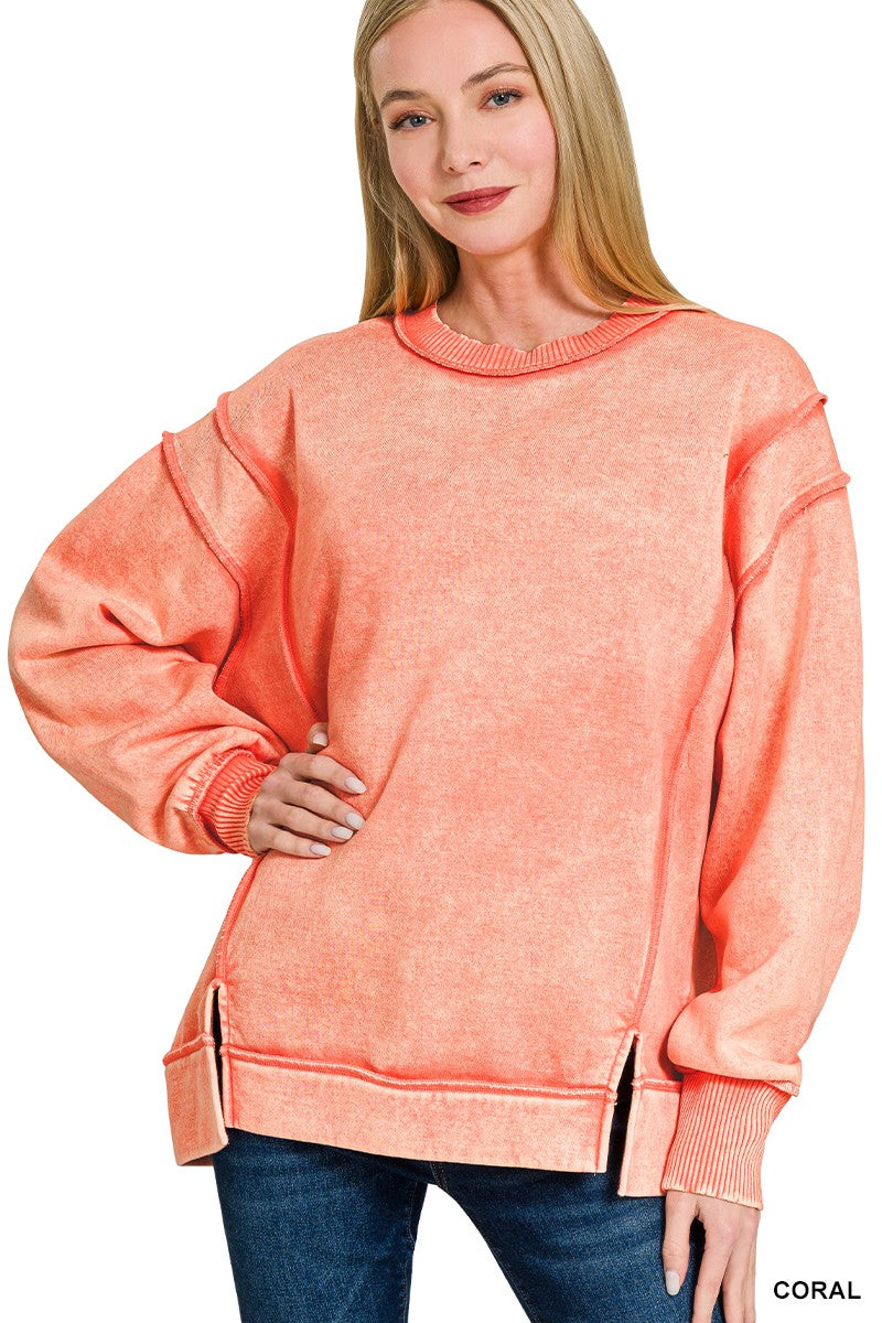 CORAL Acid Wash Exposed-seam Fleece Sweatshirt