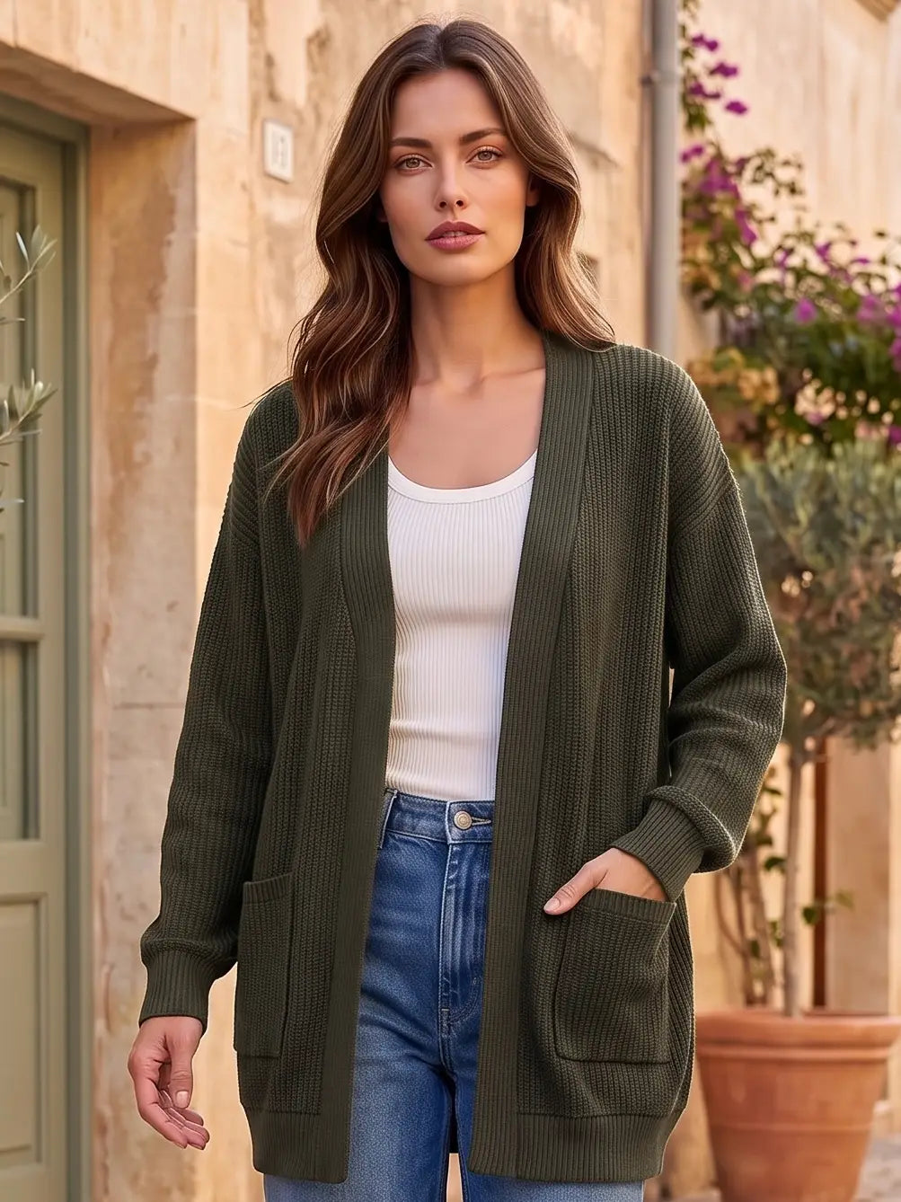 Curly Rib Relaxed Front Pocket Cardigan in Olive