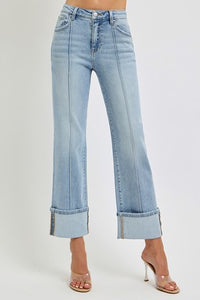 RISEN HIGH RISE ANKLE STRAIGHT-WIDE CUFFED JEANS