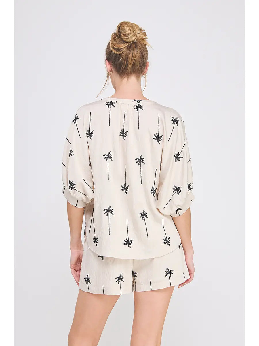 Draped Embroidered Palm Tree Dolman SHORTS SET
