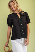 Black Short Puff Sleeve Blouse With Peter Pan Collar