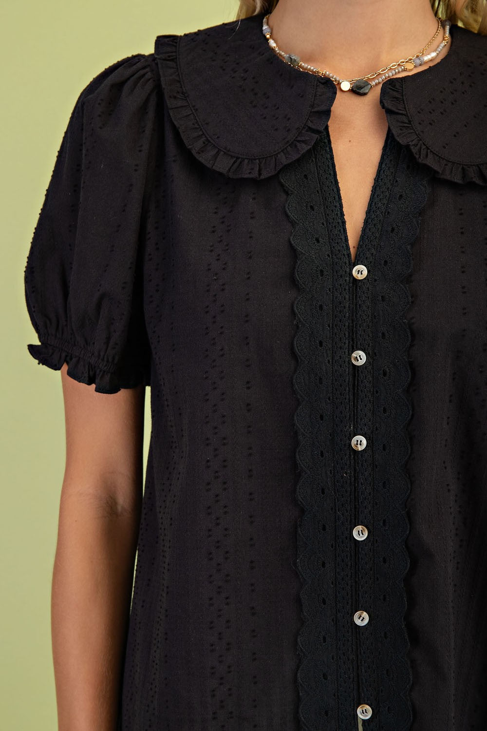 Black Short Puff Sleeve Blouse With Peter Pan Collar