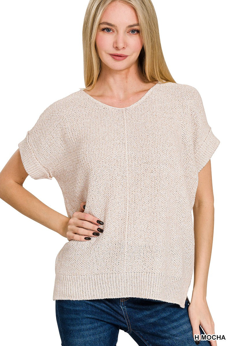 CENTER SEAM SHORT SLEEVE SWEATER IN HEATHERED MOCHA