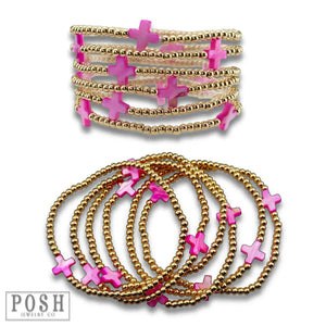 Beads and Cross Bead Stack Bracelet in pink