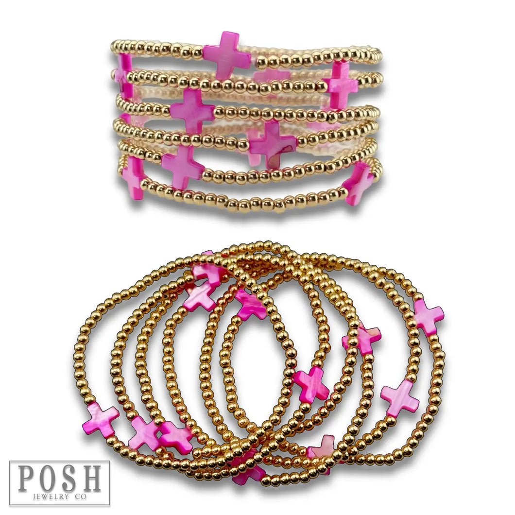 Beads and Cross Bead Stack Bracelet in pink