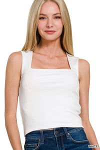 DOUBLE LAYERED RIBBED SQUARE NECK TANK IN WHITE