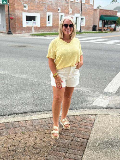 Butter Yellow Woven Airflow V-neck Short Sleeve Top