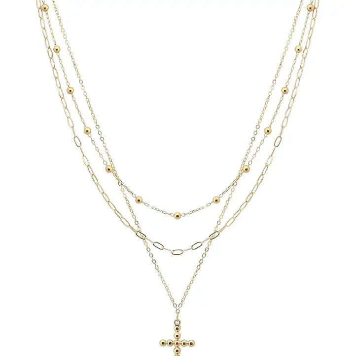 Gold Triple Layered with Bubble Cross Charm 16"-18" Necklace