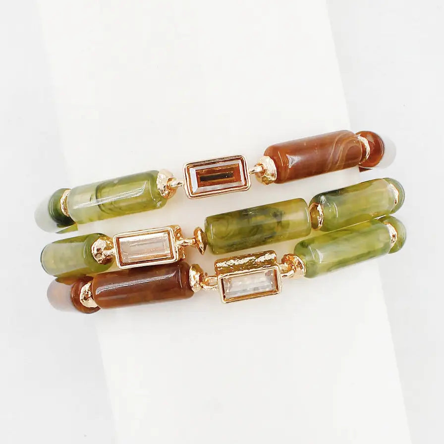 Olive and Brown Oval Stone and Crystal Beaded Set of 3 Stretch Bracelets