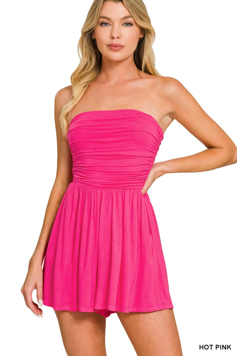 Hot Pink Double Layered Strapless Tube Top Romper
