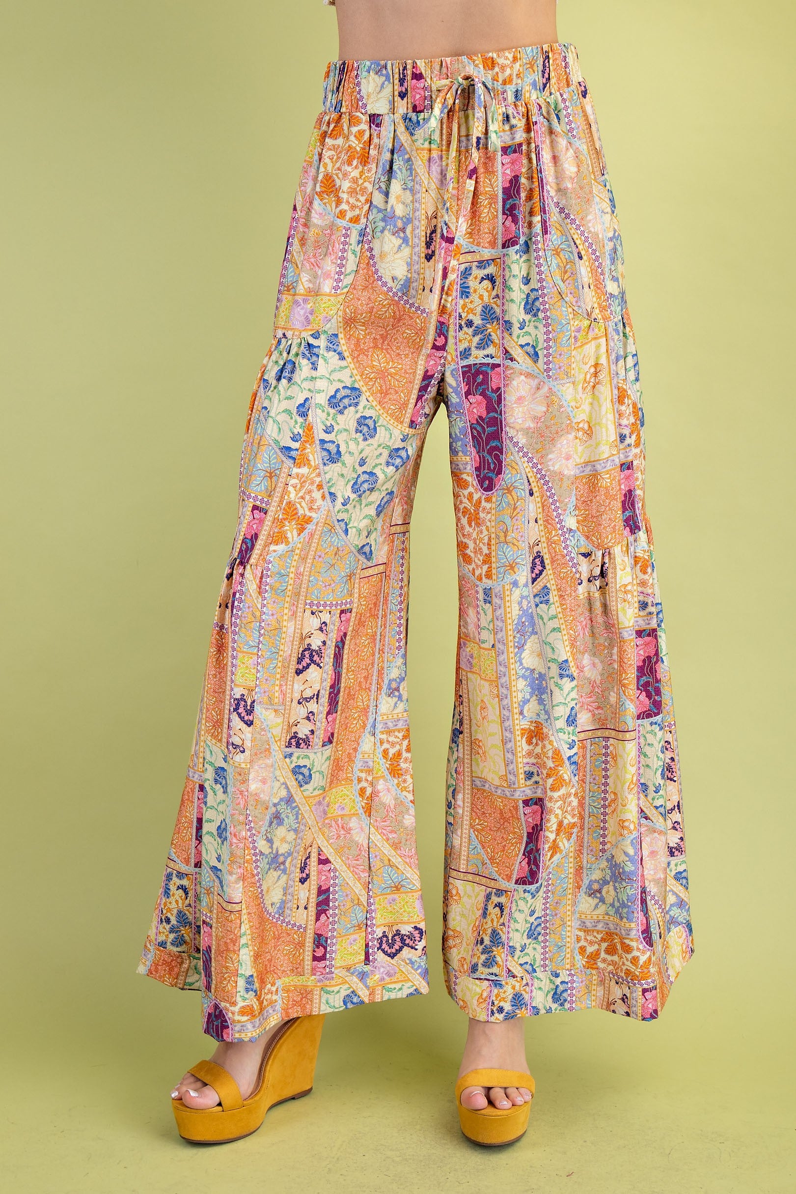 Orange Mixed Print Voluminous Wide Leg Pants
