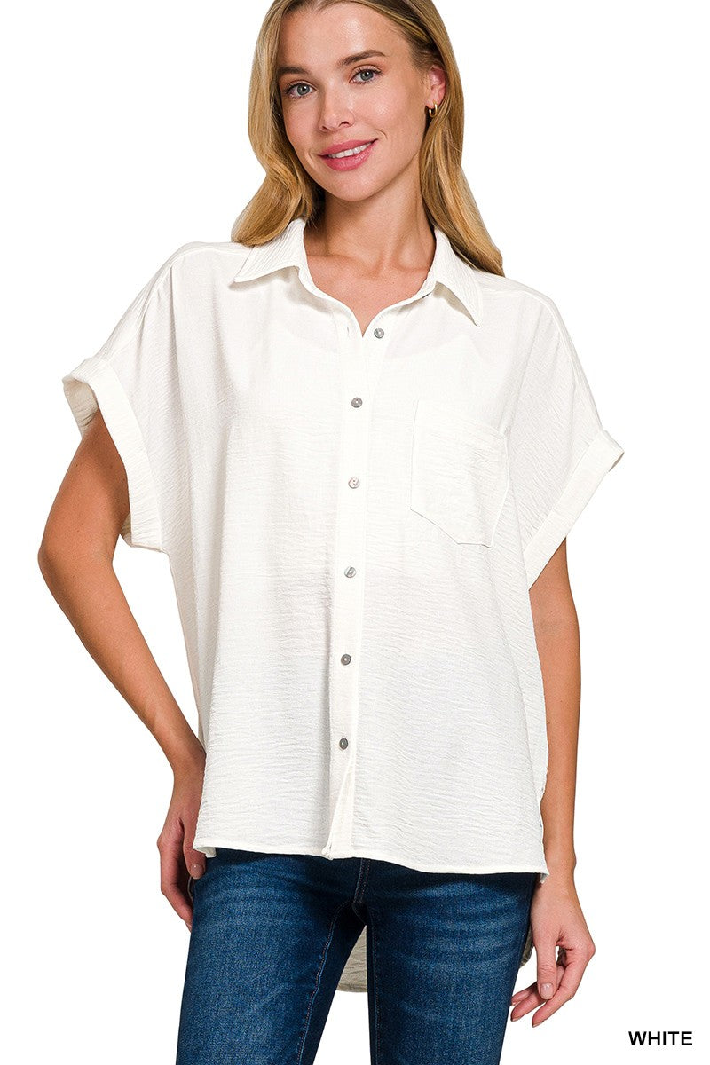 White Woven Airflow Button Down Shirts