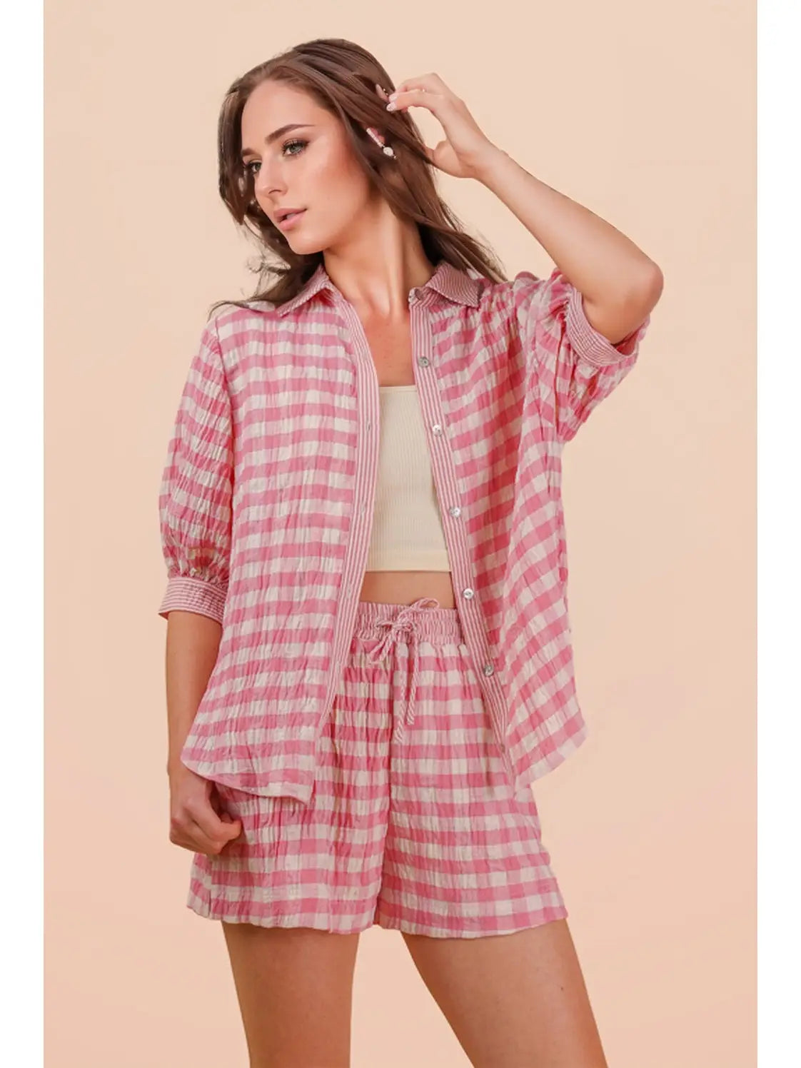 Pink Checkered Shirt Top & Shorts Set