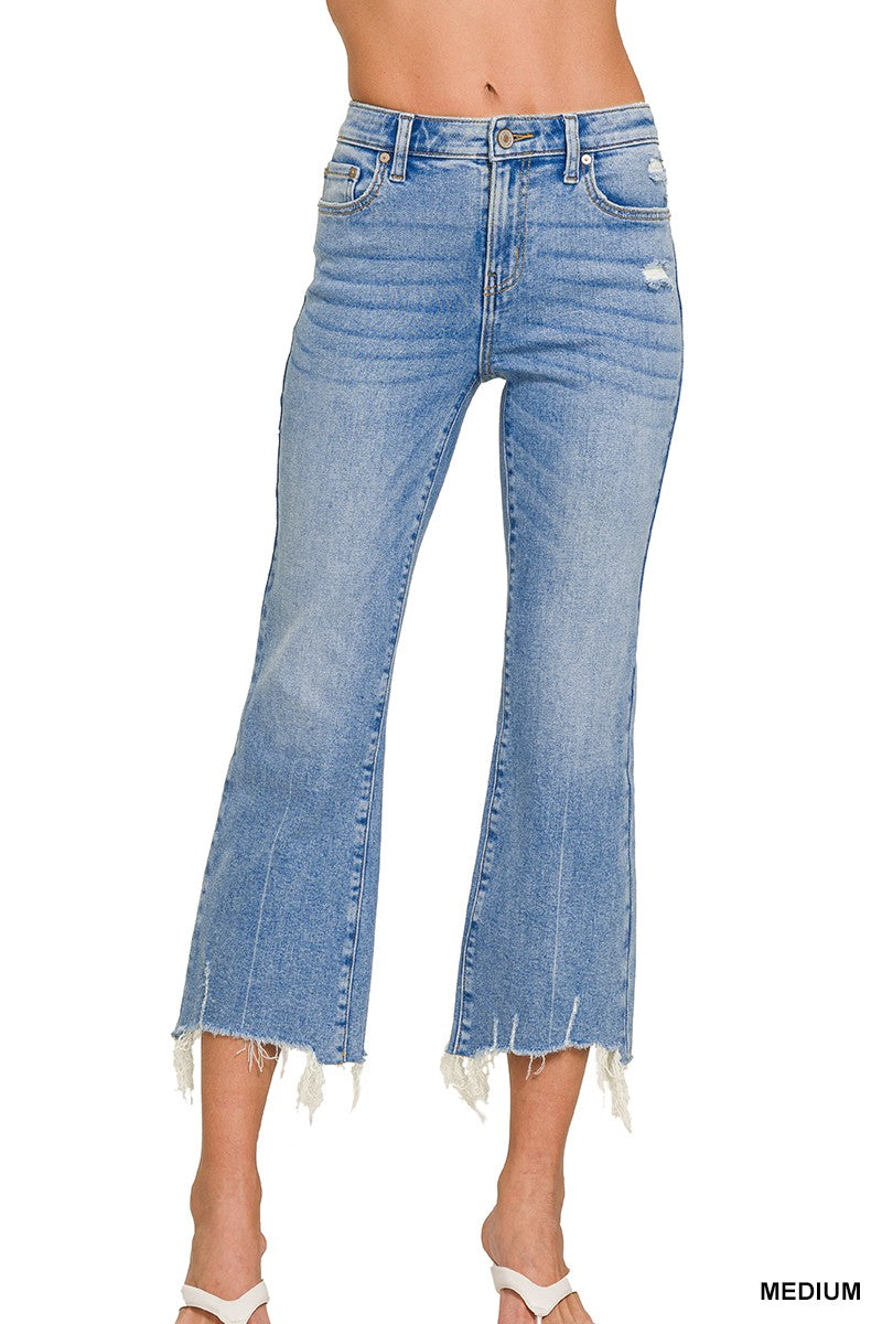 Zenana Medium Washed Kick Crop Flare Denim Pants