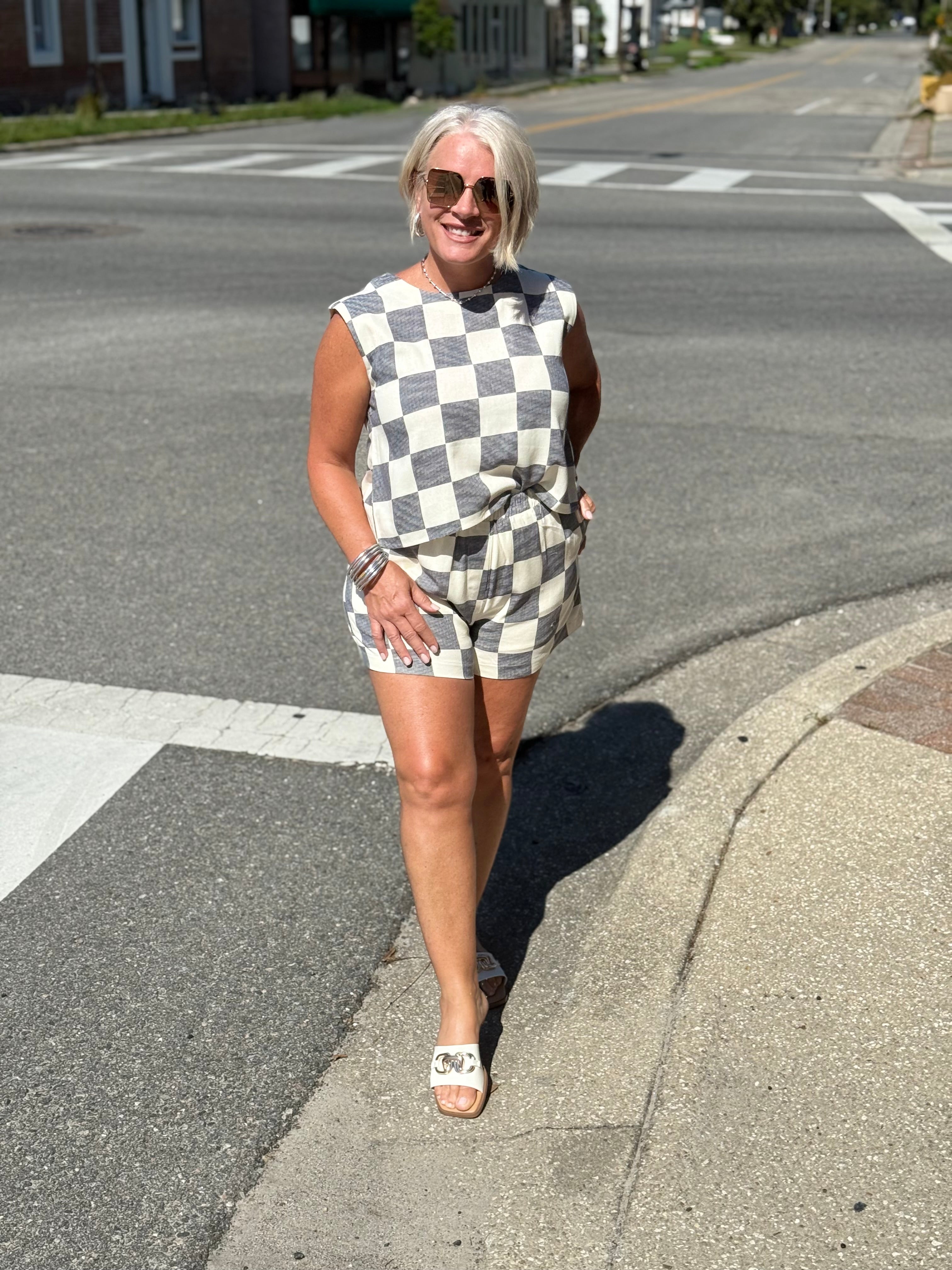 Checkered Linen Crop Top and Shorts Sets