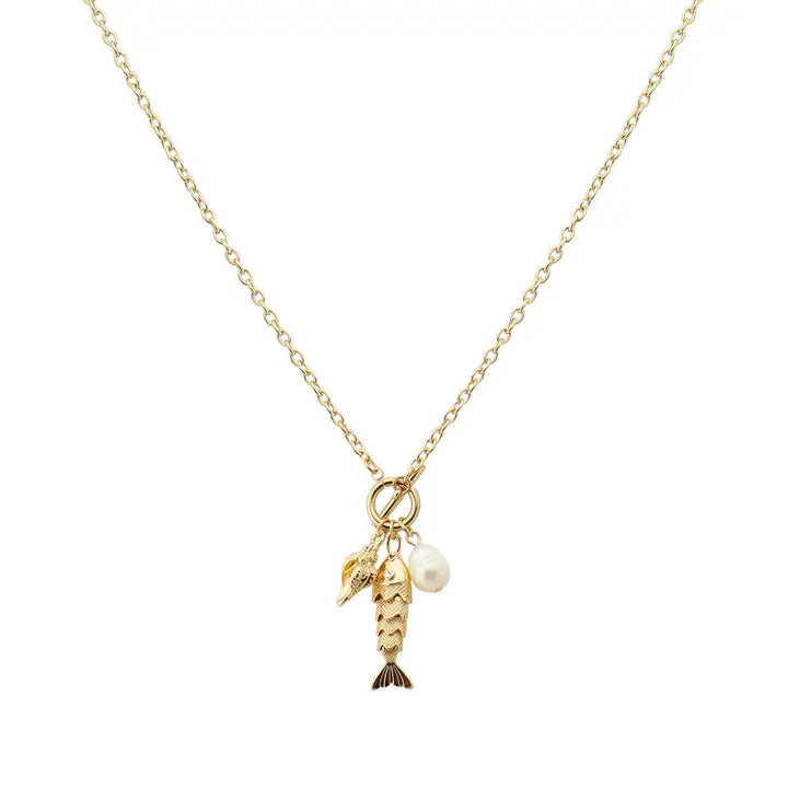 Gold Chain with Gold Fish and Pearl Charms 16"-18" Necklace