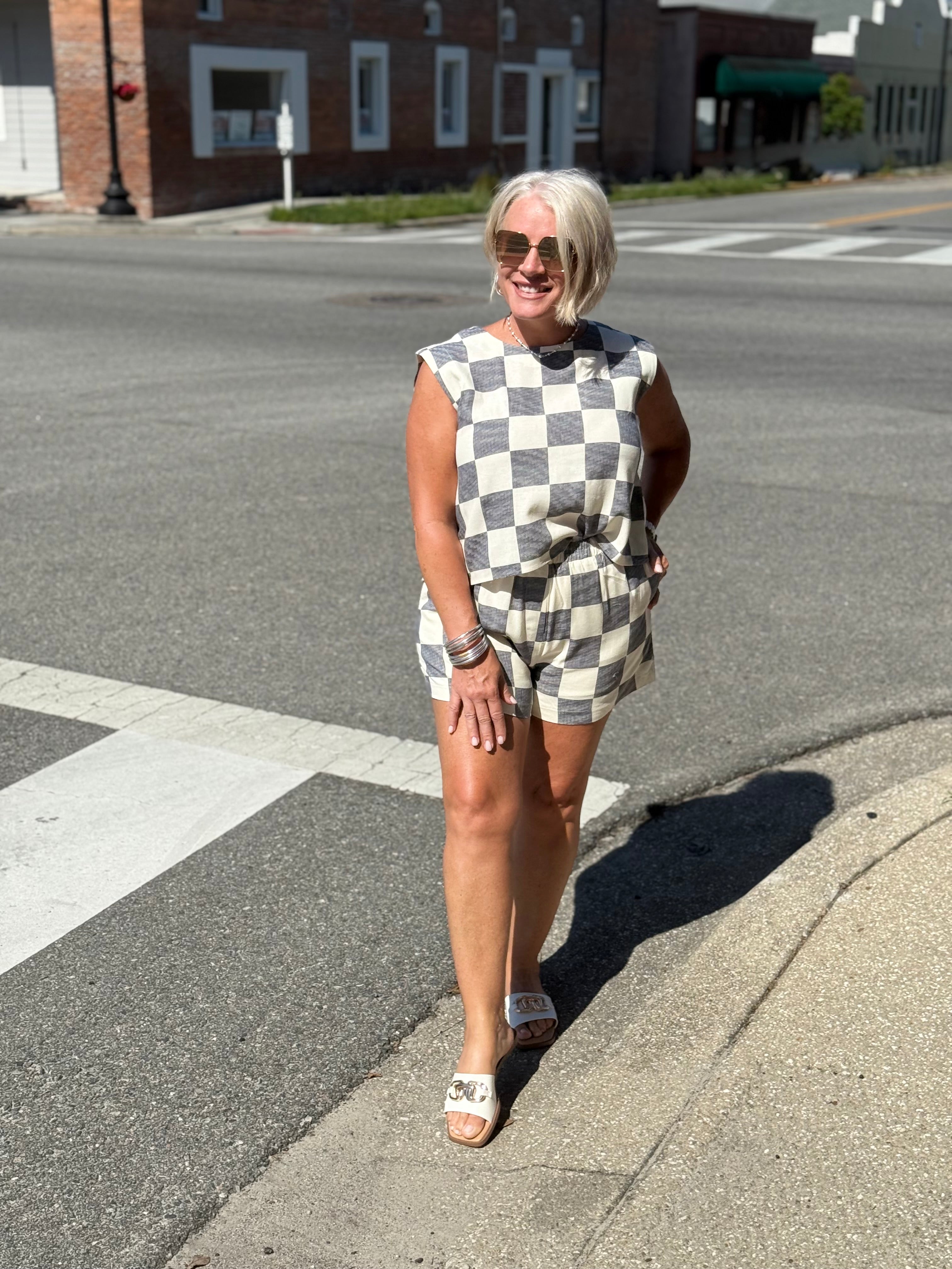 Checkered Linen Crop Top and Shorts Sets