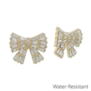 Water Resistant Rectangle Crystals On Gold Bow .75" Stud Earring