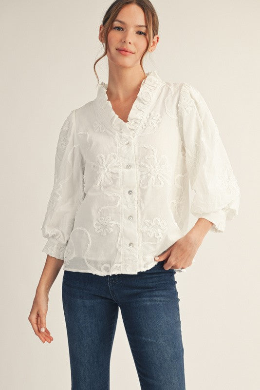 White Button Down 3d Floral Top