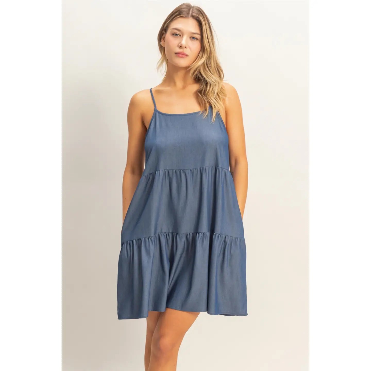 Tiered Spaghetti Strap  CHAMBRAY Dress