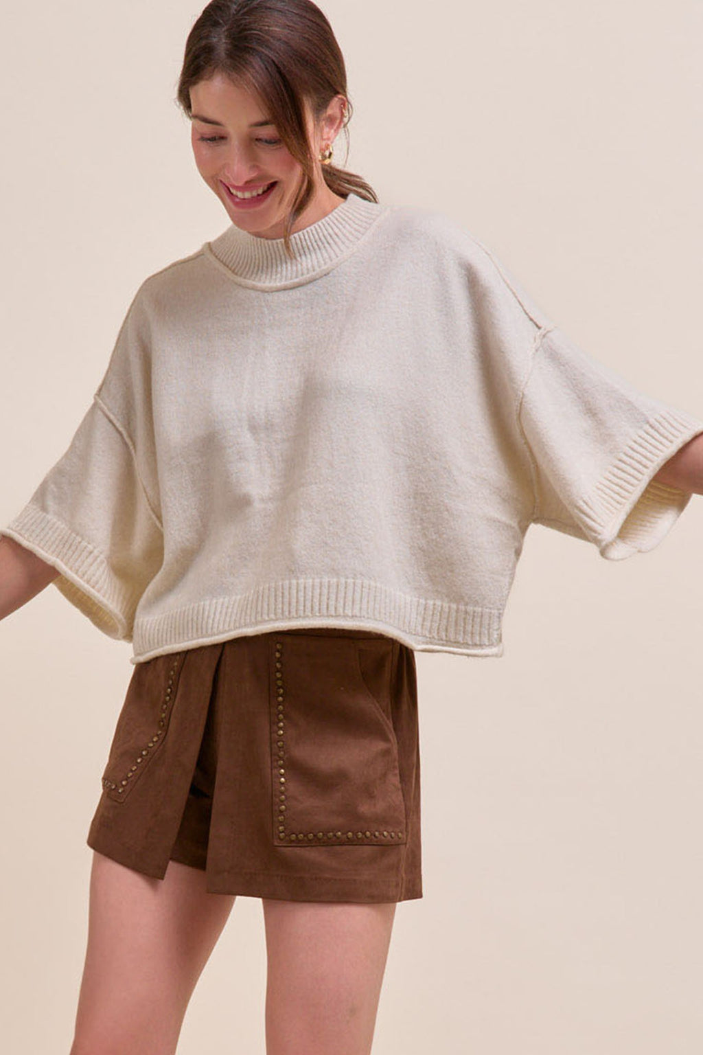 Ivory Knit Mock Neck Short Sleeve Sweater