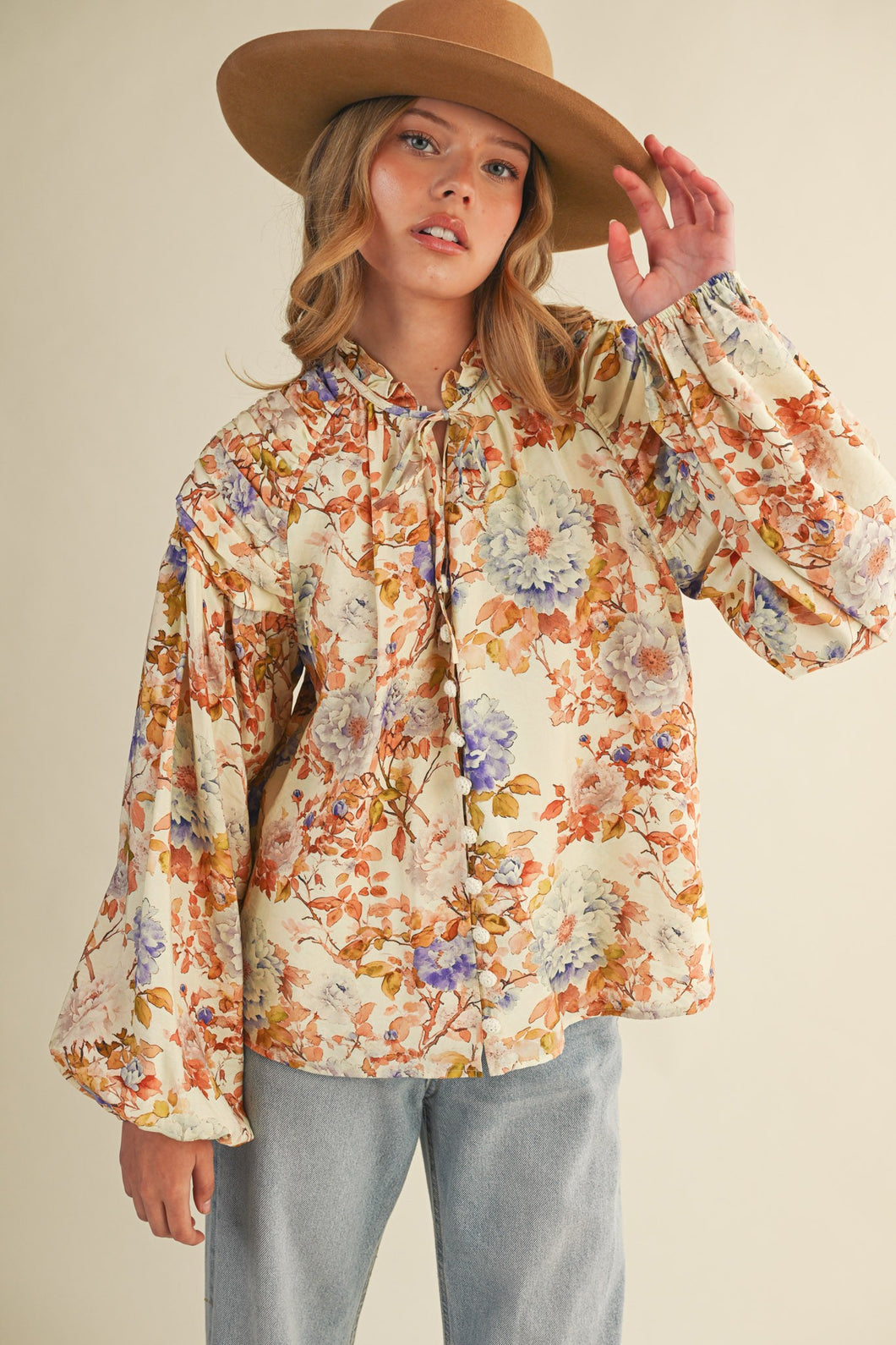 Cream Multi Floral Ruched Button Down Blouse