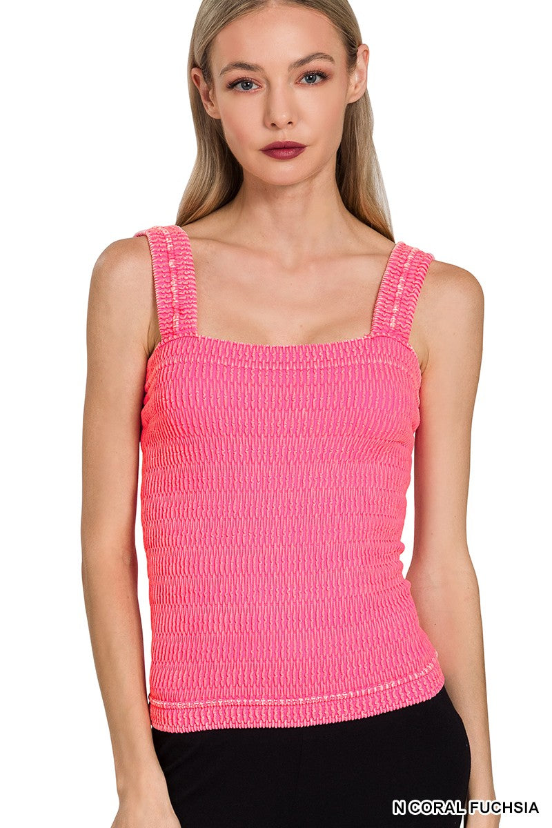 Coral Fuchsia Seamless Winkle Stone Washed Tank Top