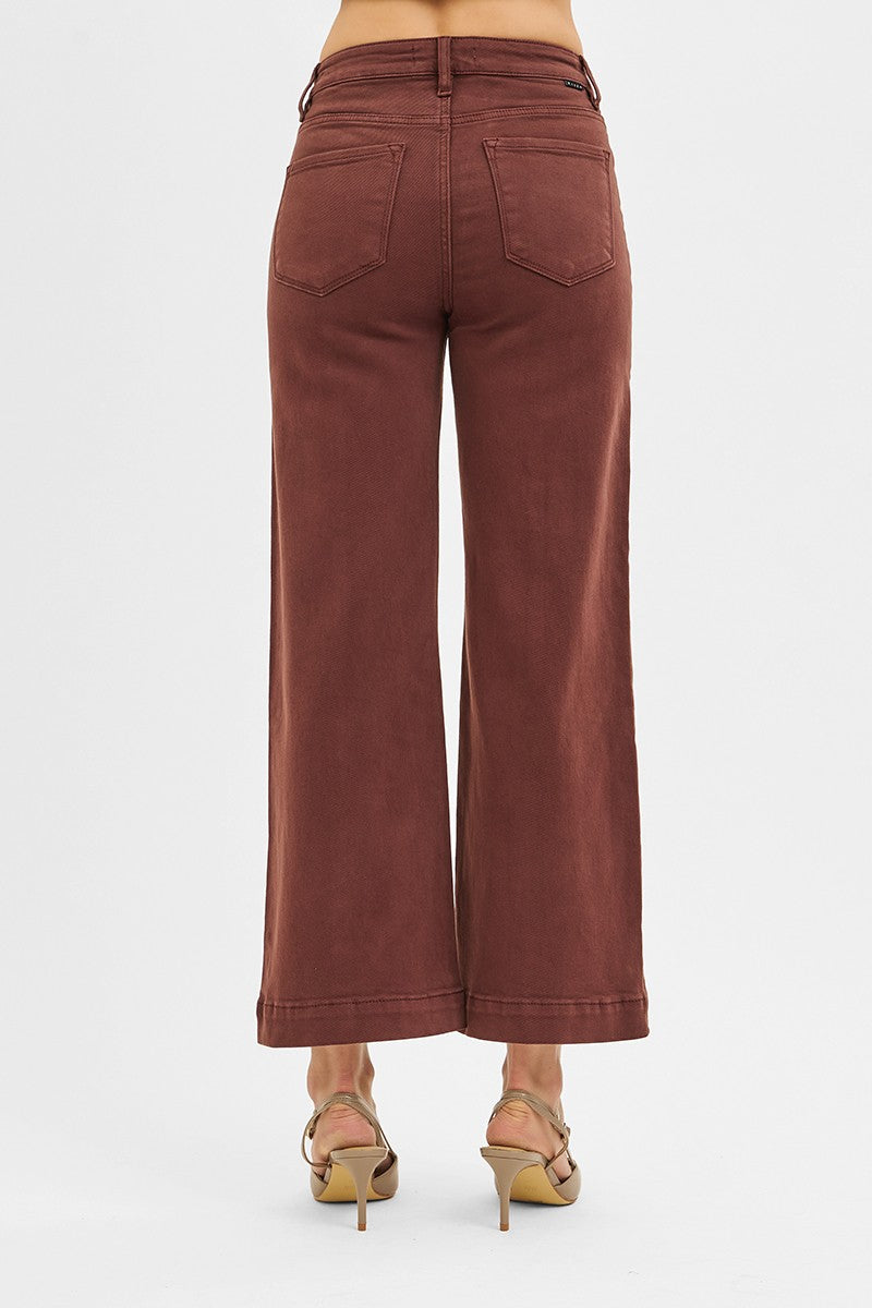 Risen Tummy Control High Rise Crop Wide jeans in Choco Brown