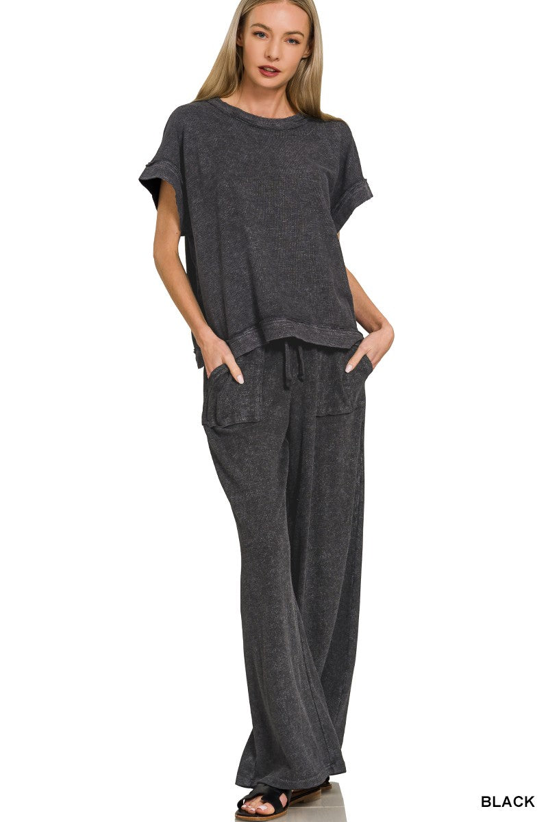 Washed Slub Short Sleeve Tee & Long Pants Set IN BLACK WASH