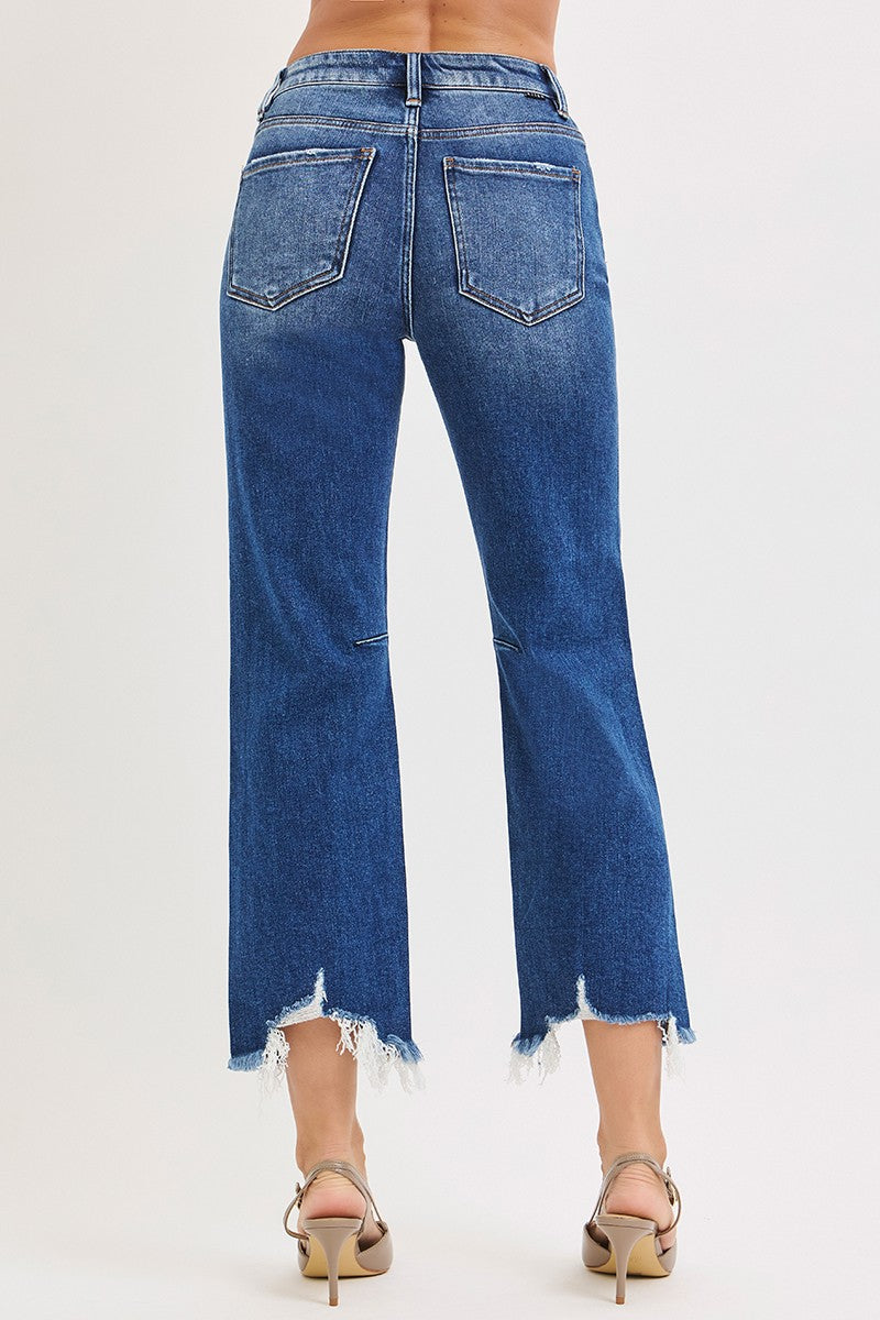 Risen High Rise Crop Straight Leg Distressed Hem Jeans