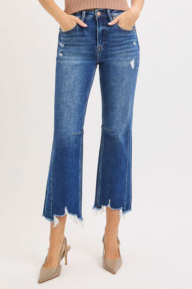 Risen High Rise Crop Straight Leg Distressed Hem Jeans