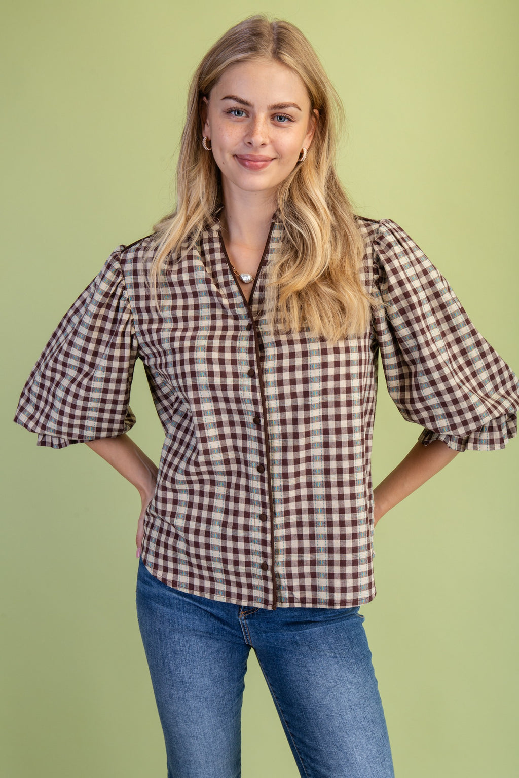 Brown Check Print Button Down