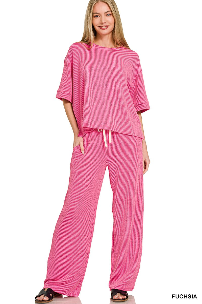 Fuchsia Raised Rib Short Sleeve Tee & Pants Set