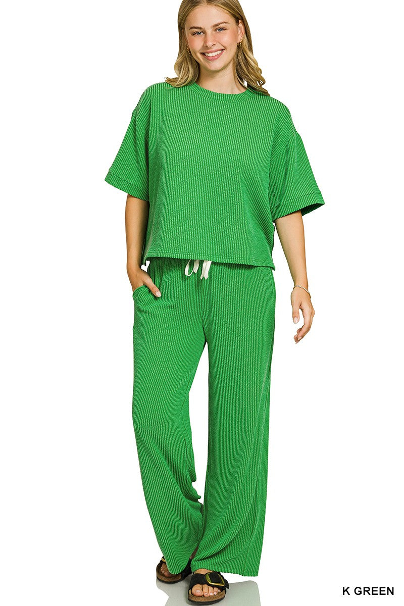 Kelly Green Raised Rib Short Sleeve Tee & Pants Set
