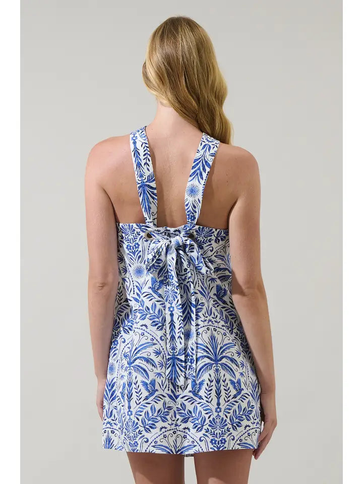 White and Blue Tropical Amory Halter Mini Dress