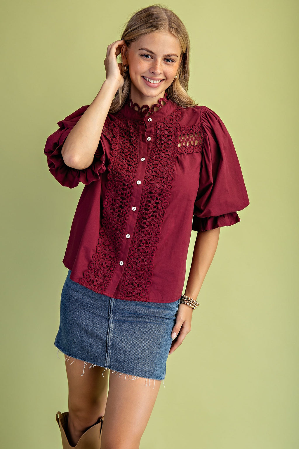 Burgundy Trim Detail Button Down Blouse