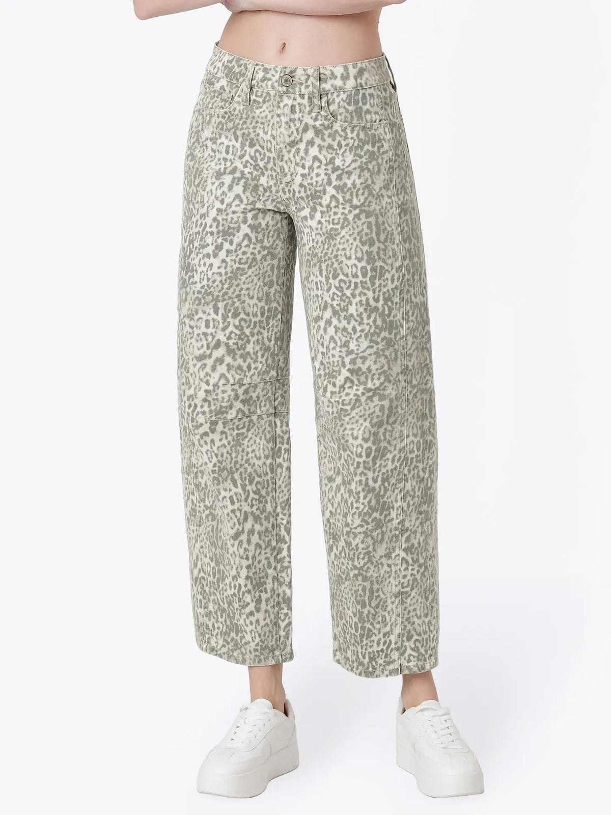 Vervet High Rise Side Seamed Leopard Print Barrel Jeans
