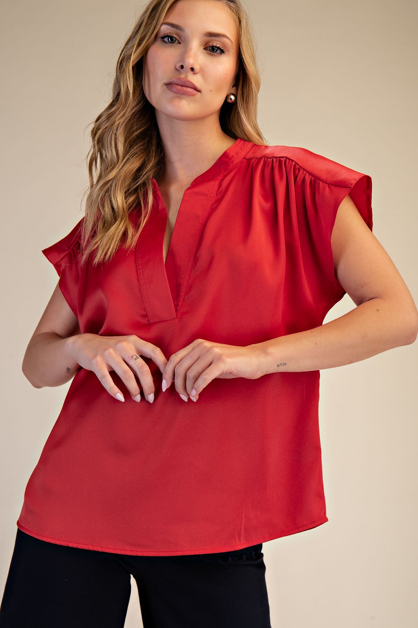 Red V-neckline Cap Sleeve Top