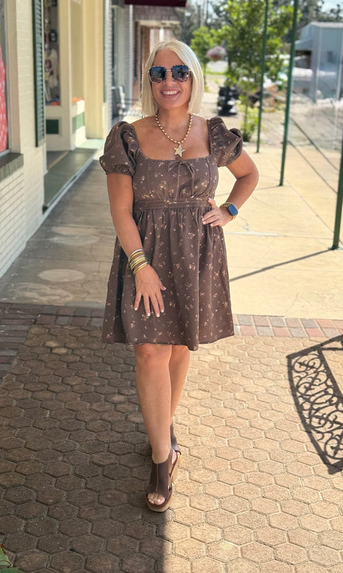 Brown Multi Ditsy Floral Puff Sleeve Square Neck Mini Dress